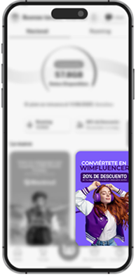 Pantalla de inicio de la app somos wim, muestra primer imagen del carrusel ubicado en la parte inferior. Esta imagen invita a convertirte en wimfluencer, el programa de referidos de somos wim