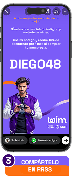 Esta ultima pantalla es la imagen que puedes compartir en redes sociales y que incluye tu código para que amigos y familiares lo usen y obtengan un descuento especial.